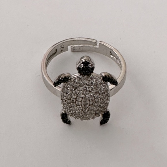 925 Sterling silver turtle ring clear / black cubic zirconia cz stones - Picture 3 of 4